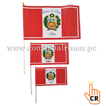 Cargar imagen en el visor de la galería, Banderas de Perú para Mano de Papel Pequeñas Con Escudo y Frase (3 Tamaños)
