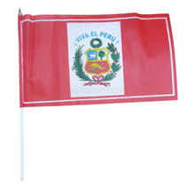 Cargar imagen en el visor de la galería, Banderas de Perú para Mano de Tela Pequeñas Con Escudo y Frase (3 Tamaños)