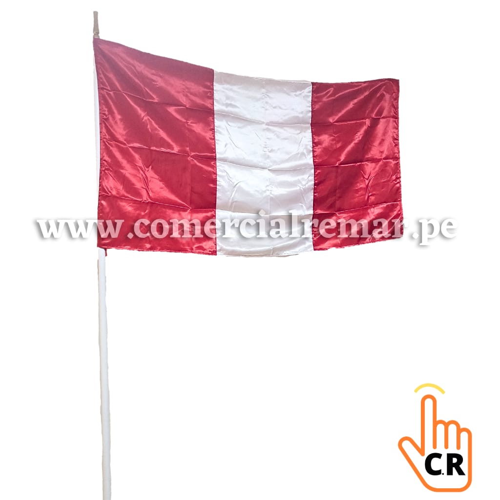 Pack Bandera de Perú Tela Raso 135x85cm Con o Sin Escudo + Asta Blanca de 215cm